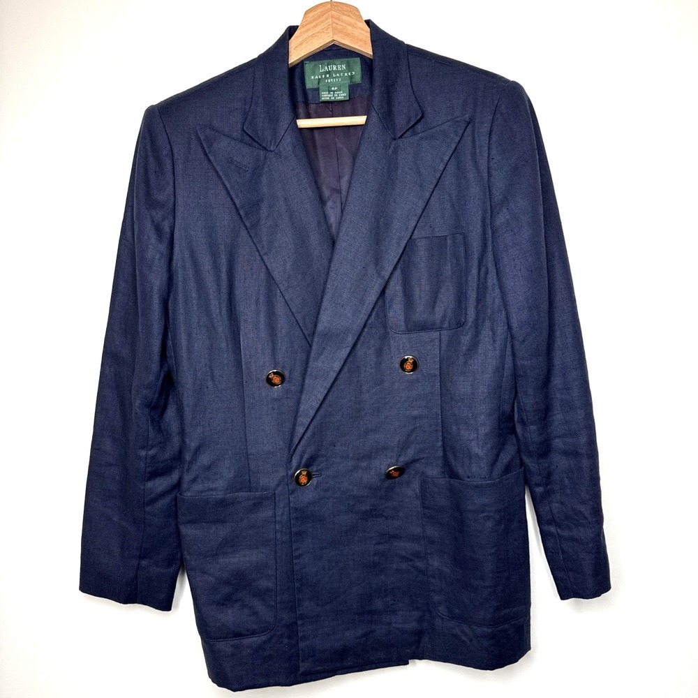 Vintage Ralph Lauren 100% Linen Blazer Women 6P Navy Logo Crest Button Old Money